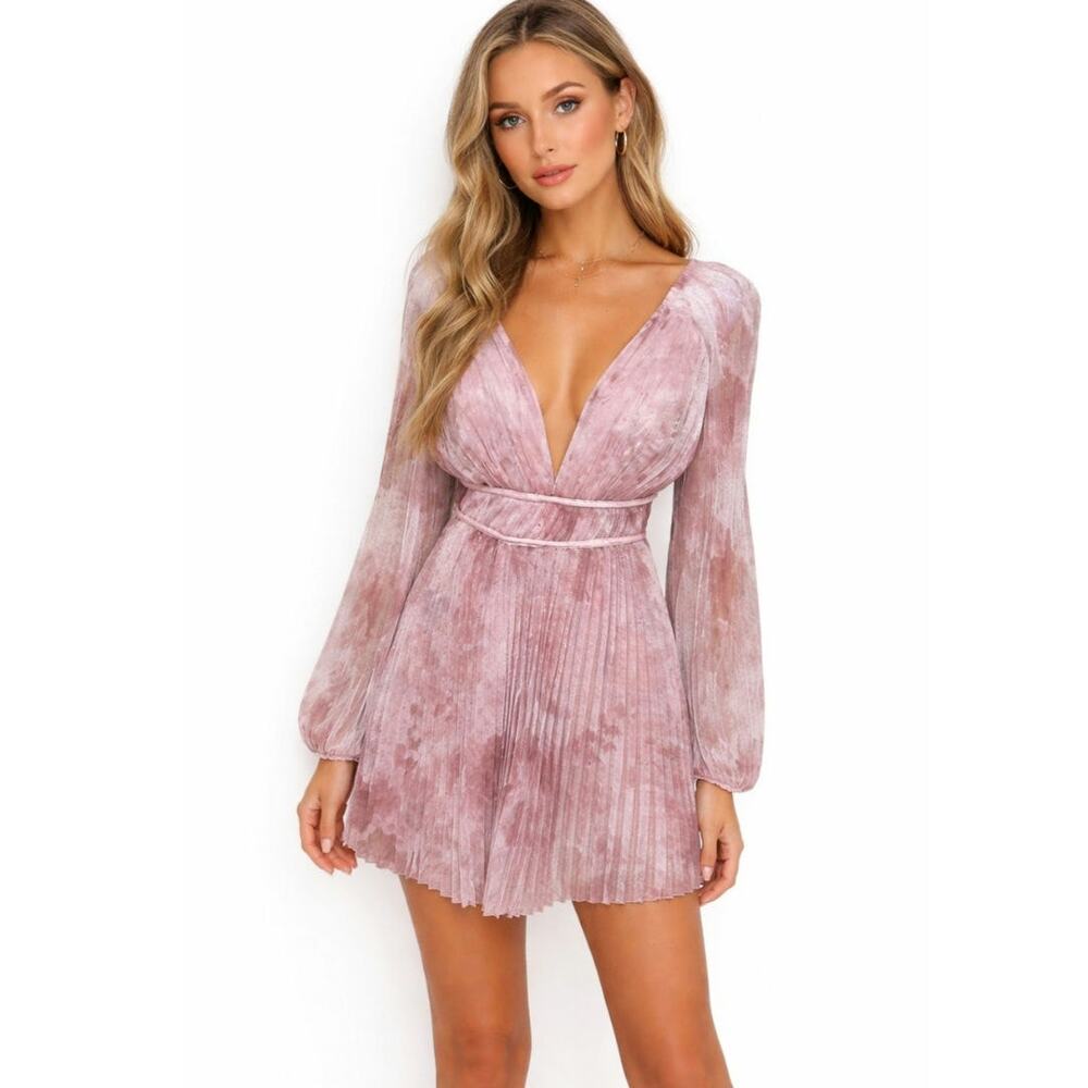 NWT Lulus Bubbly Impression Mauve Floral Print Mesh Pleated Mini Dress Size XL